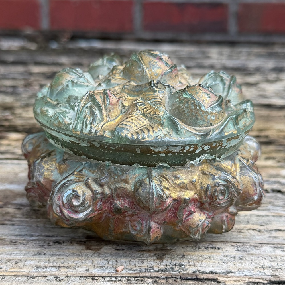 Antique Goofus Glass Vanity Powder Puff Jar Trinket Box Red & Gold Rose